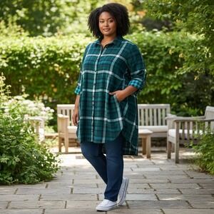 Lane Bryant Plaid Flannel Tunic 22/24 Teal Blue Side Pockets Grunge Cabin Core